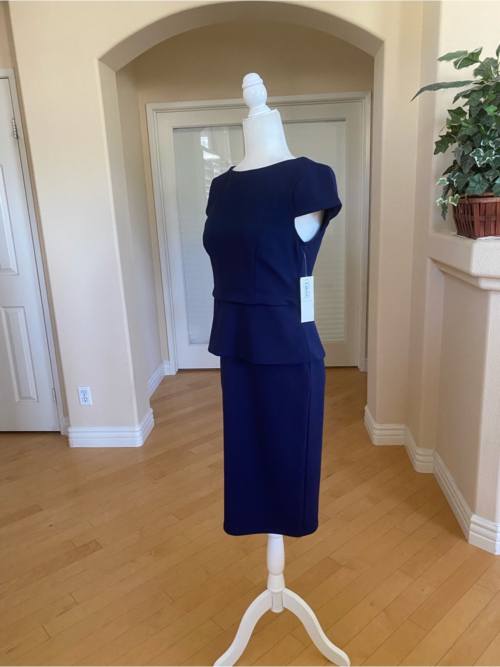 London Times Navy Peplum Midi Dress - Picture 2 of 7
